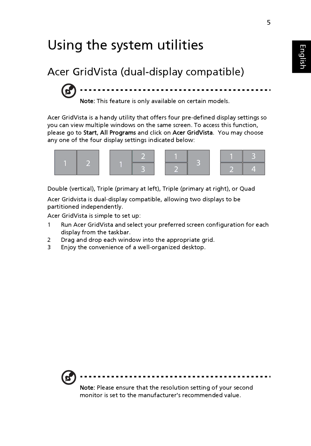 Acer FO200 manual Using the system utilities, Acer GridVista dual-display compatible 