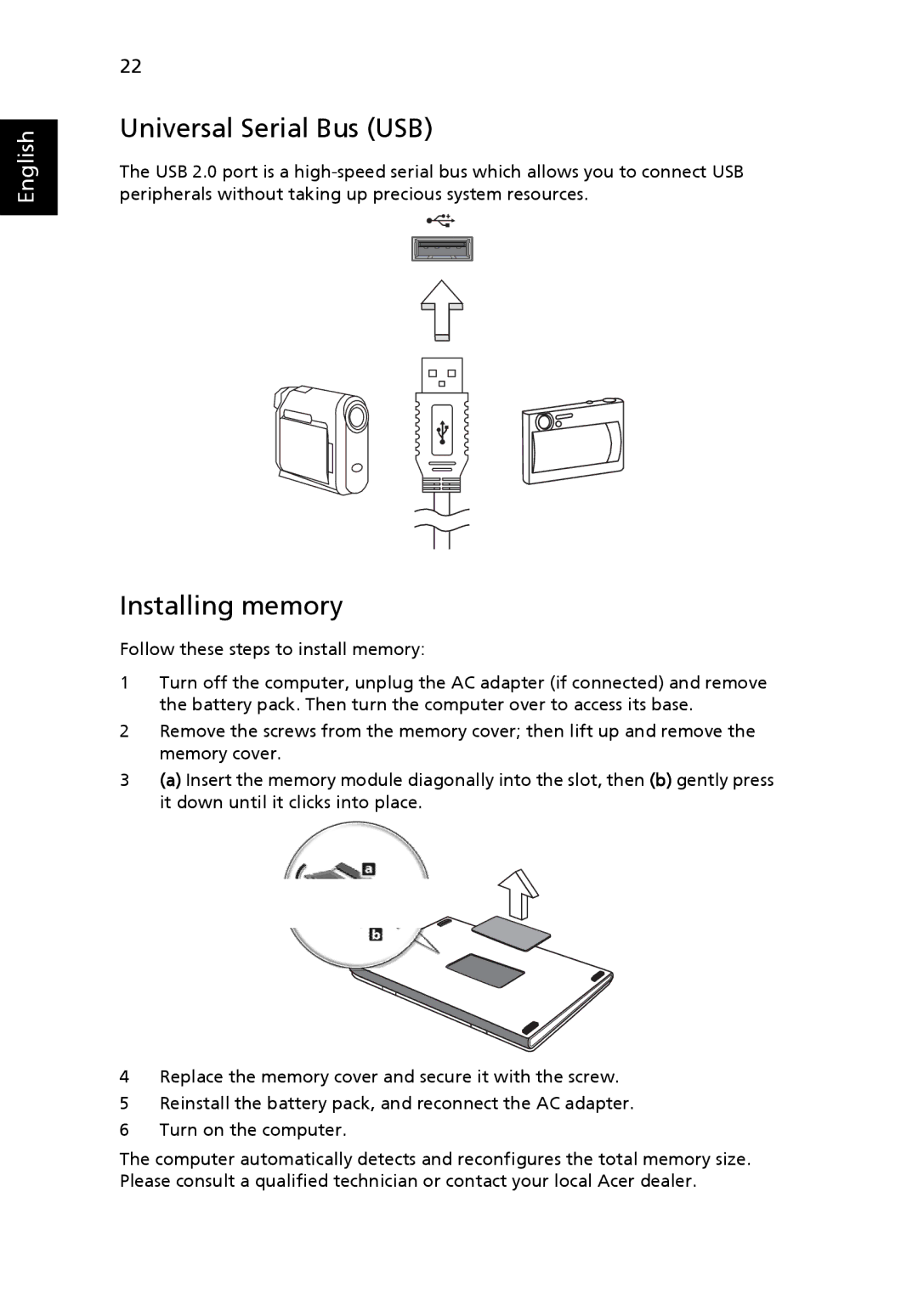 Acer FO200 manual Universal Serial Bus USB, Installing memory 