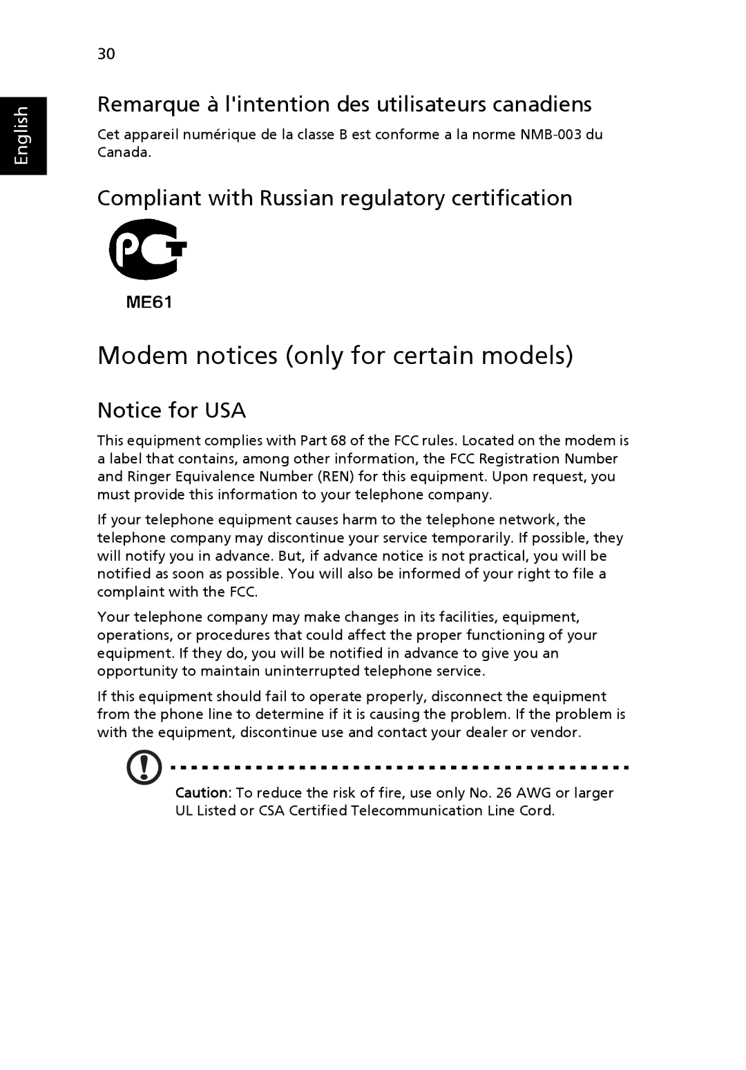Acer FO200 manual Modem notices only for certain models, Remarque à lintention des utilisateurs canadiens 