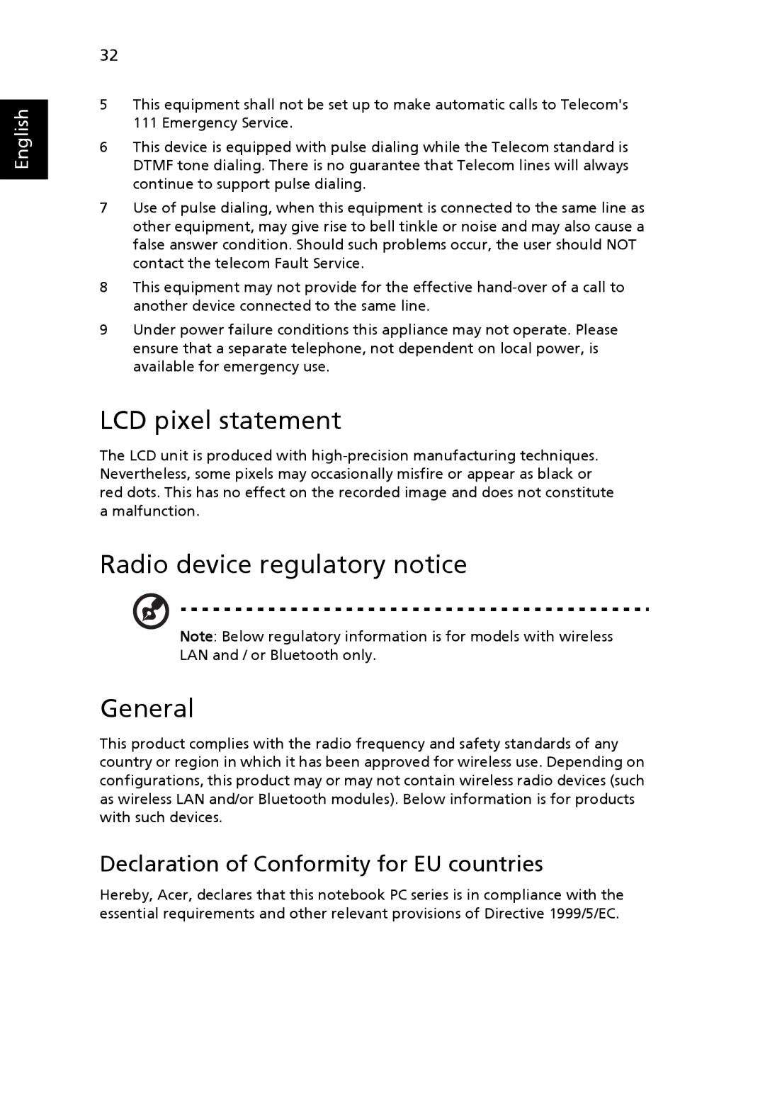 Acer FO200 manual LCD pixel statement, Radio device regulatory notice General, Declaration of Conformity for EU countries 