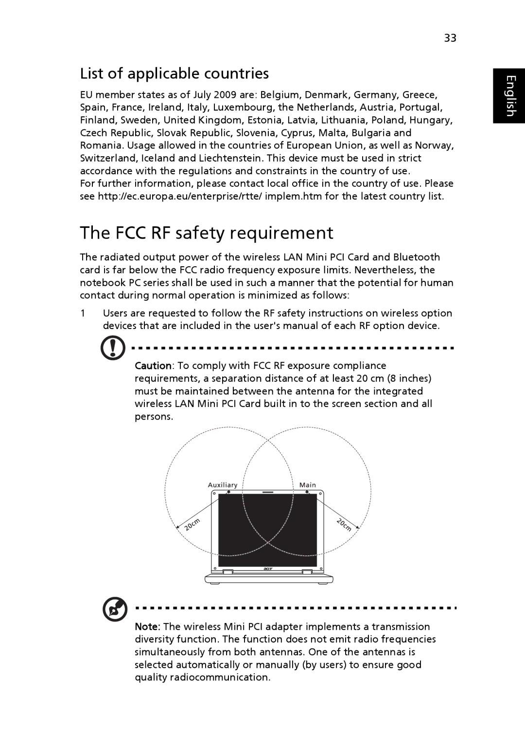 Acer FO200 manual FCC RF safety requirement, List of applicable countries 