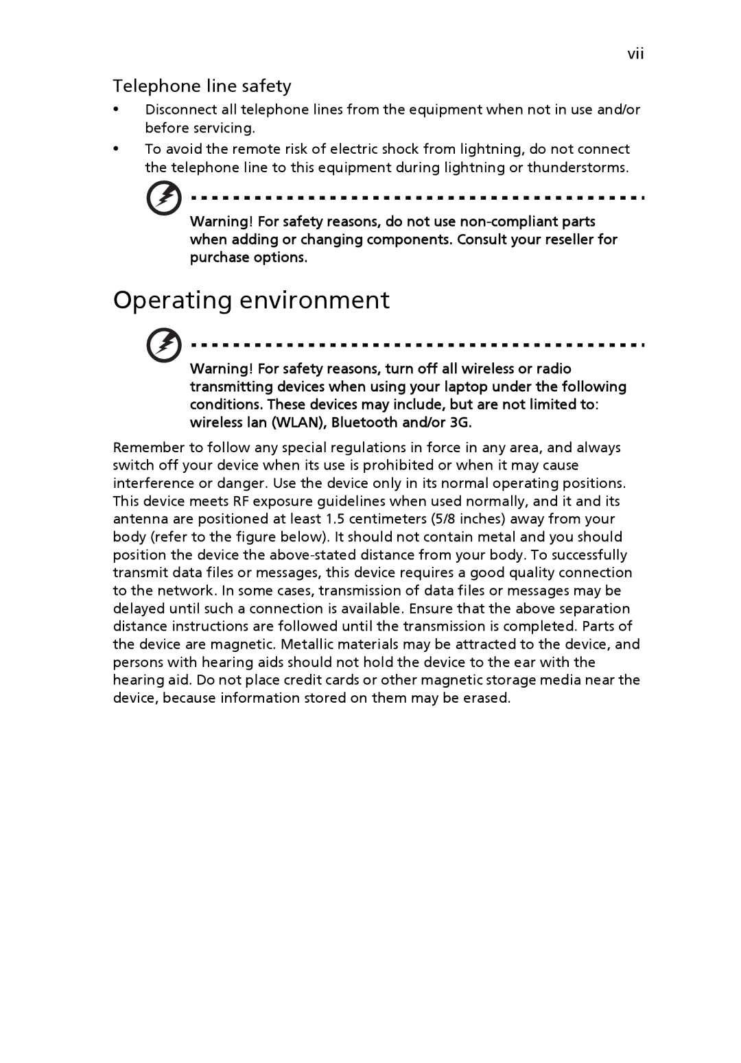 Acer FO200 manual Operating environment, Telephone line safety 