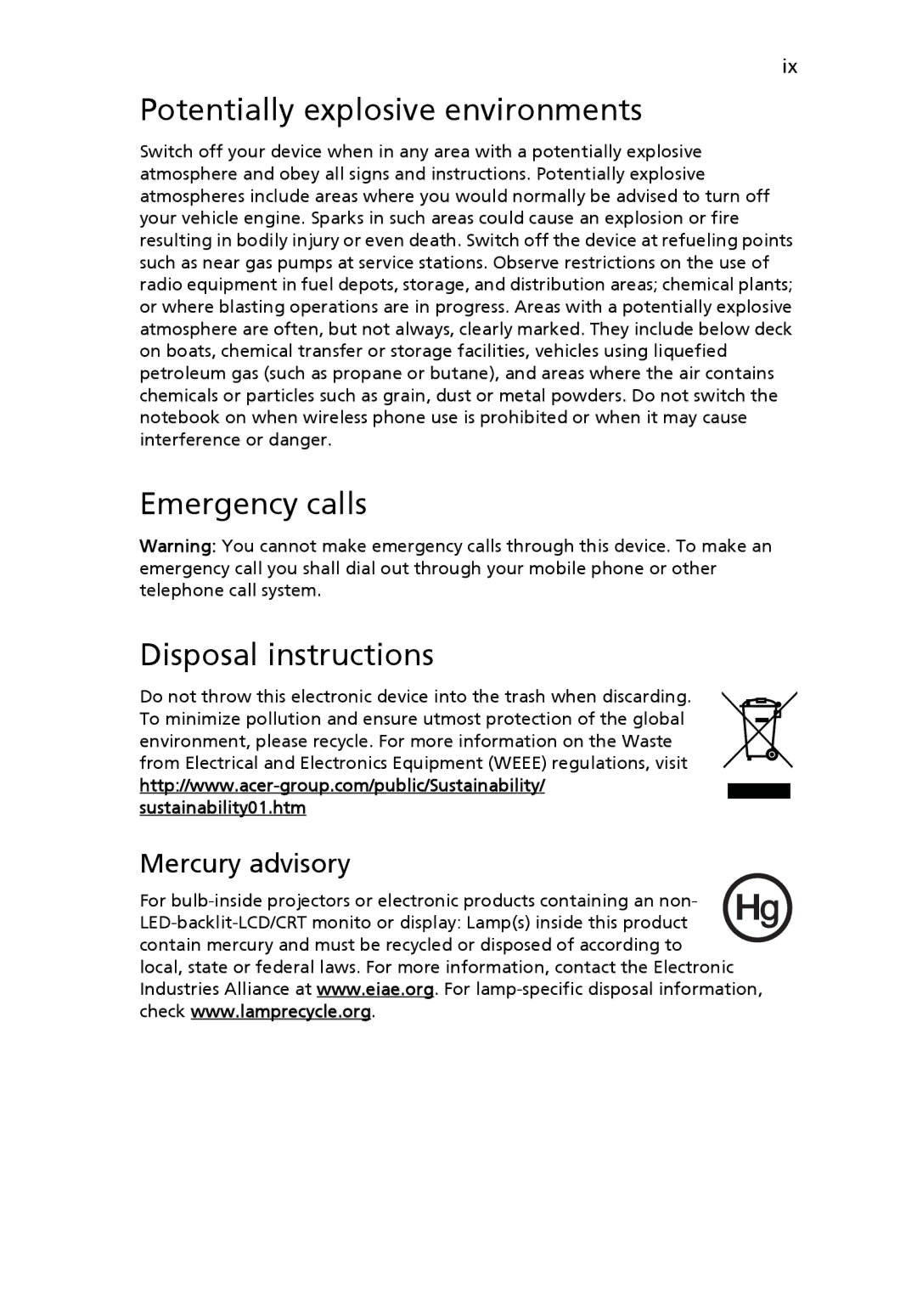 Acer FO200 manual Potentially explosive environments, Emergency calls Disposal instructions, Mercury advisory 