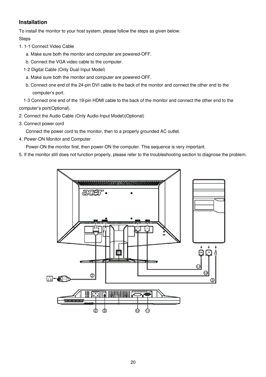 Acer G195HQ manual Installation 