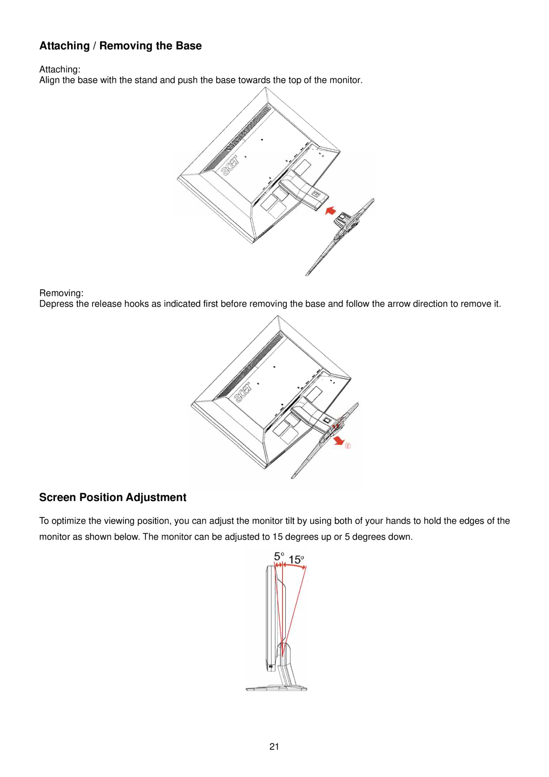 Acer G195HQ manual Attaching / Removing the Base, Screen Position Adjustment 