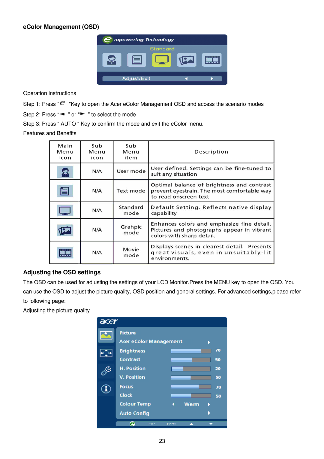 Acer G195HQ manual EColor Management OSD, Adjusting the OSD settings 