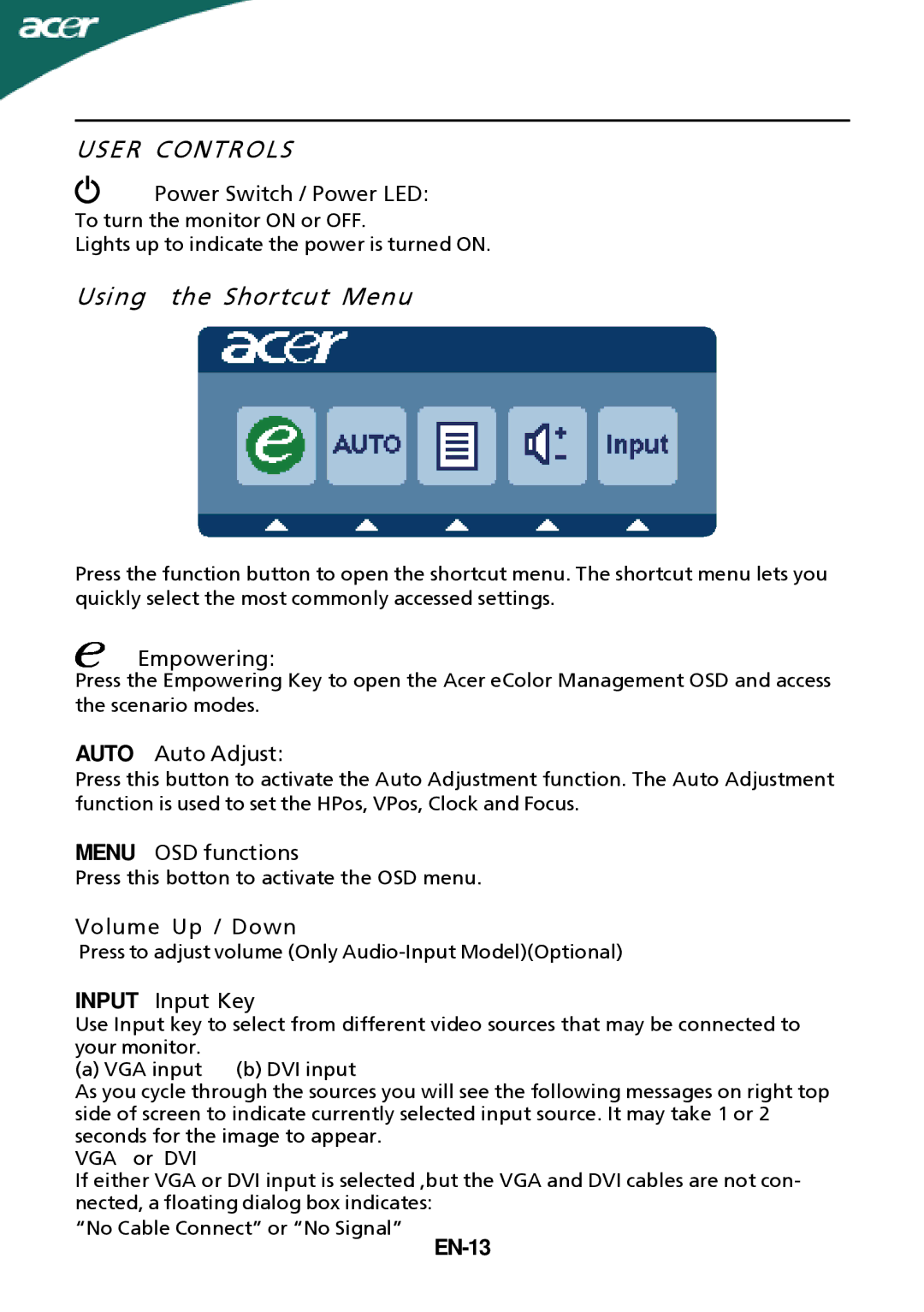 Acer G205HL manual EN-13 