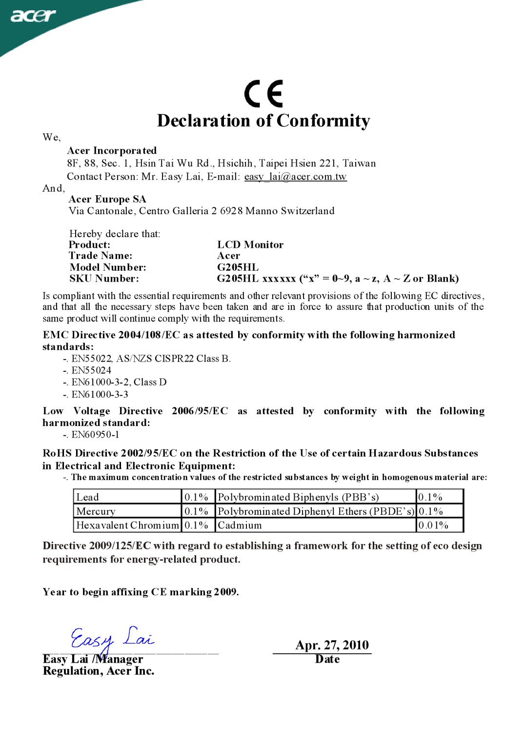 Acer G205HL manual Declaration of Conformity 