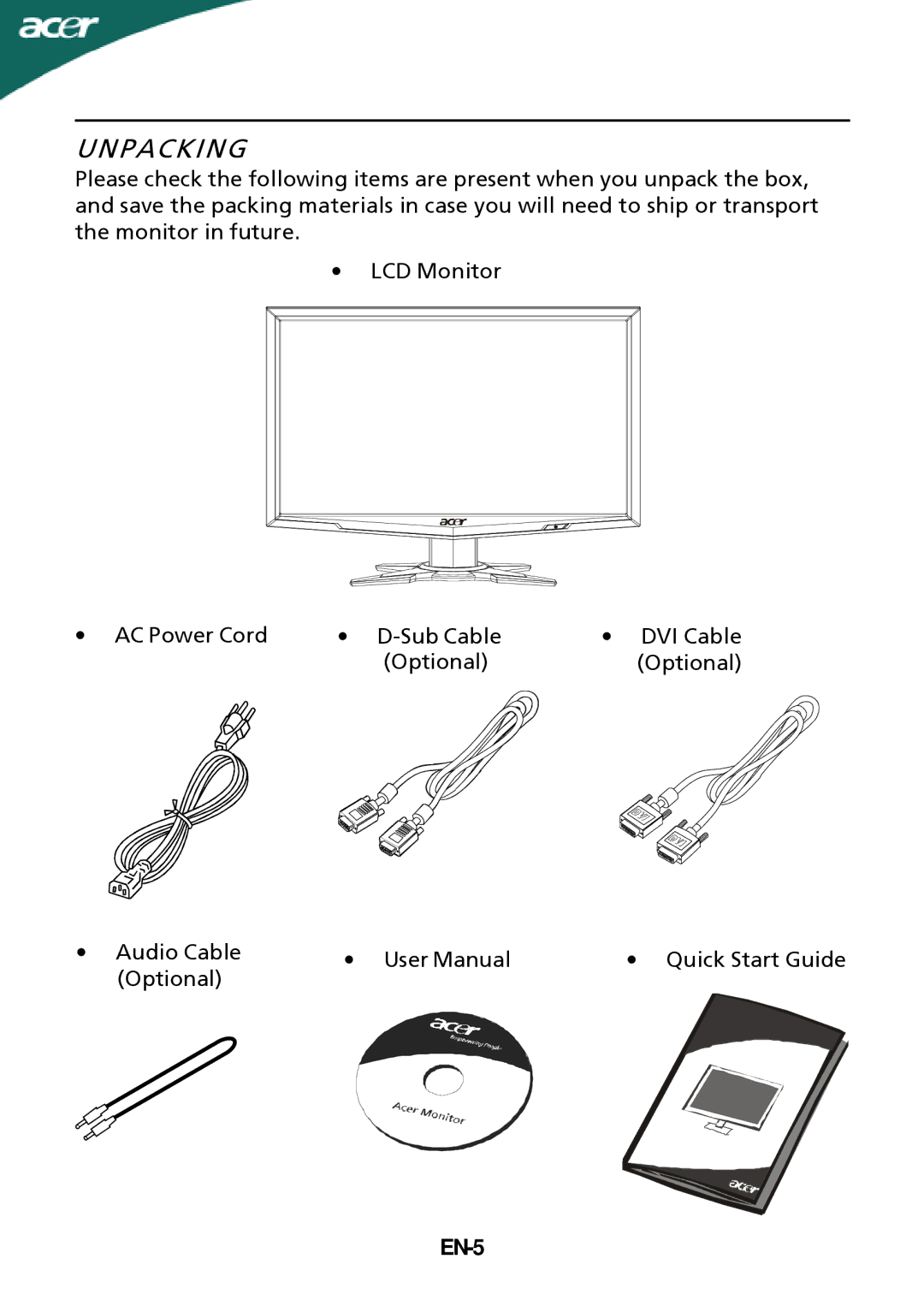 Acer G205HL manual Unpacking, EN-5 