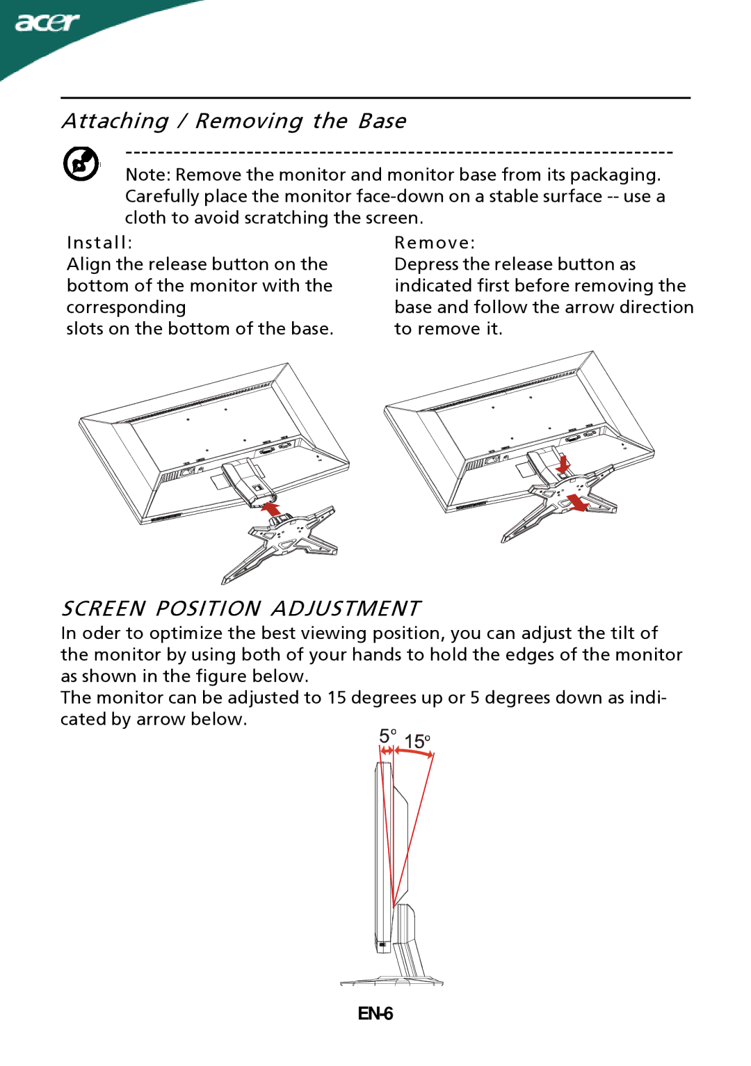 Acer G205HL manual Attaching / Removing the Base, Screen Position Adjustment, EN-6 