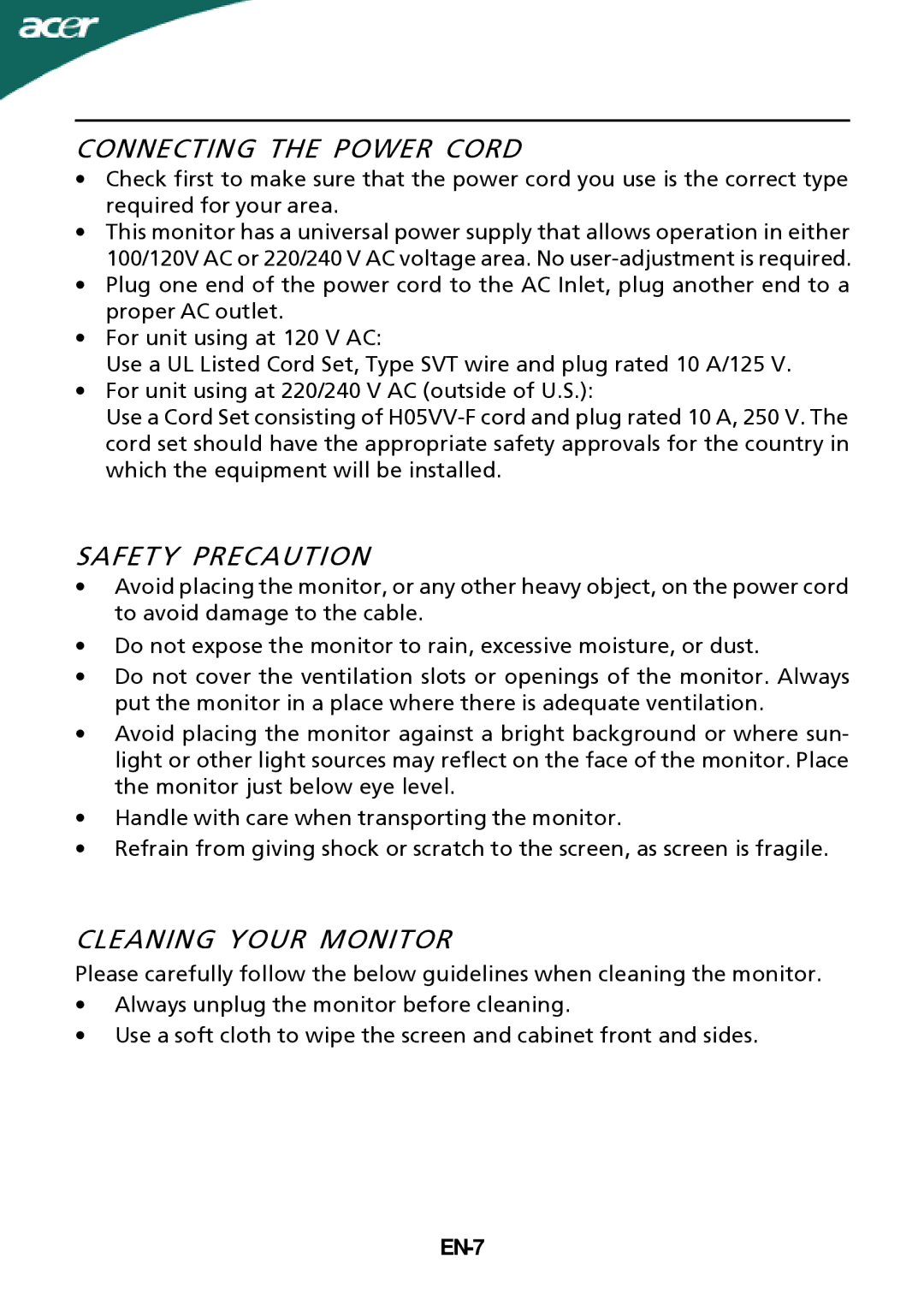 Acer G205HL manual Connecting the Power Cord, Safety Precaution, Cleaning Your Monitor, EN-7 