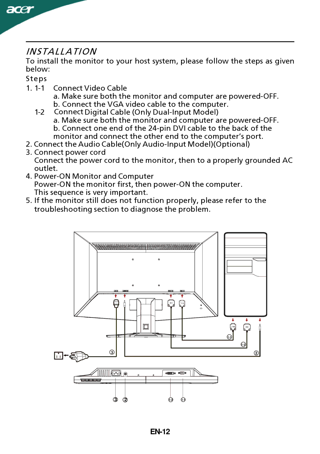 Acer G205HL manual Installation, EN-12 