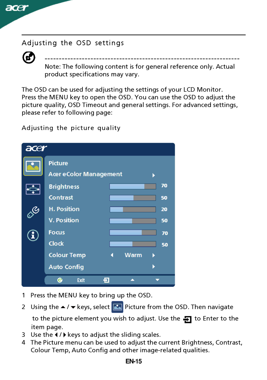 Acer G205HL manual Adjusting the OSD settings, EN-15 