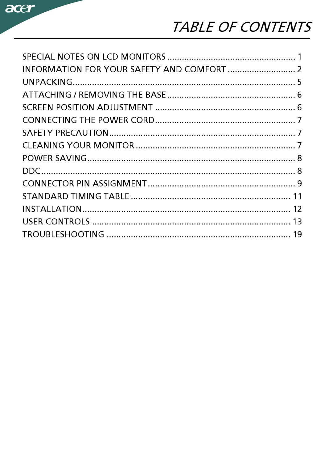 Acer G205HV manual Table of Contents 