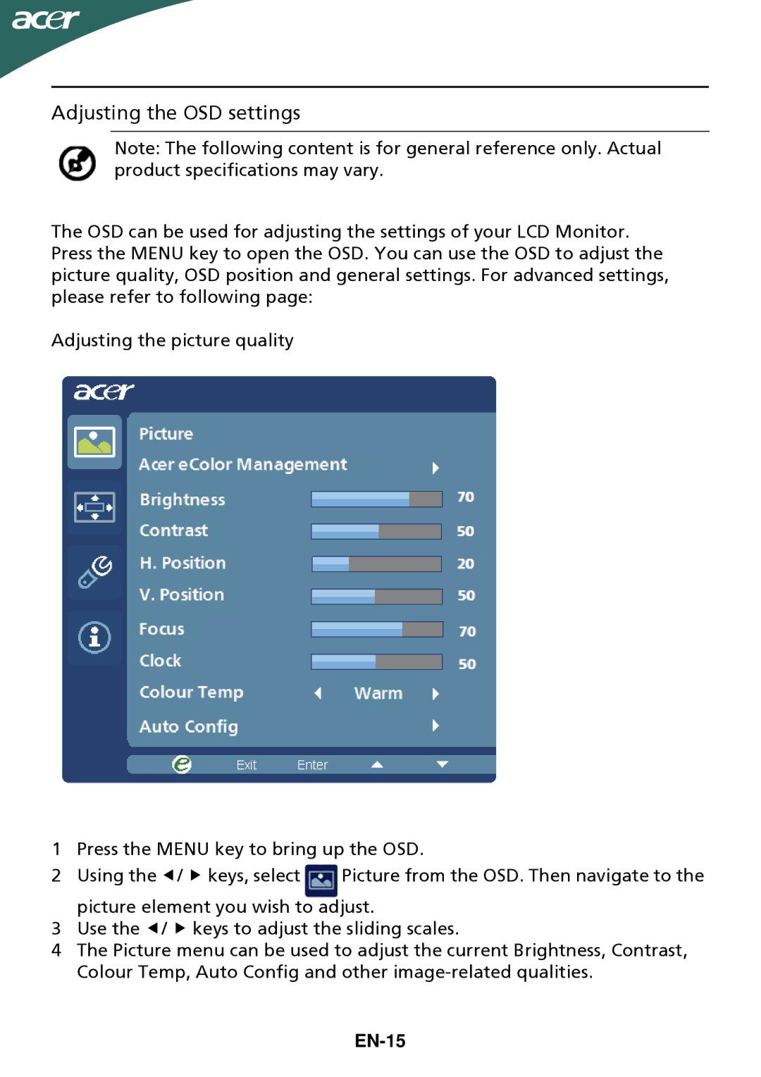 Acer G205HV manual Adjusting the OSD settings, EN-15 