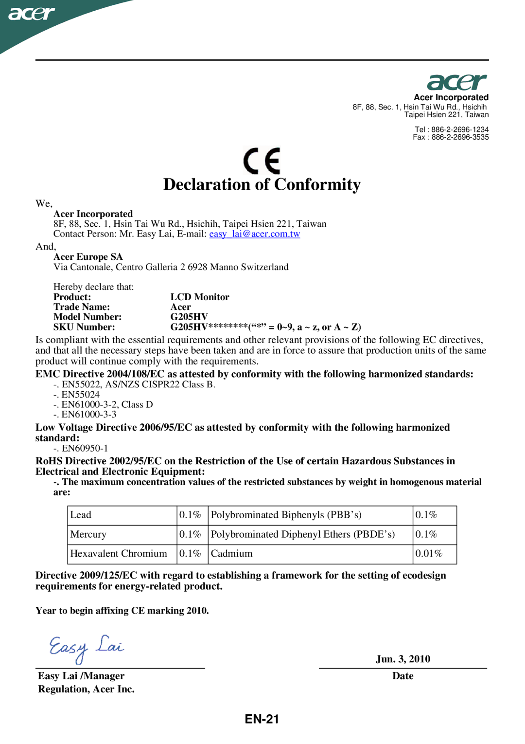 Acer G205HV manual Declaration of Conformity, EN-21 