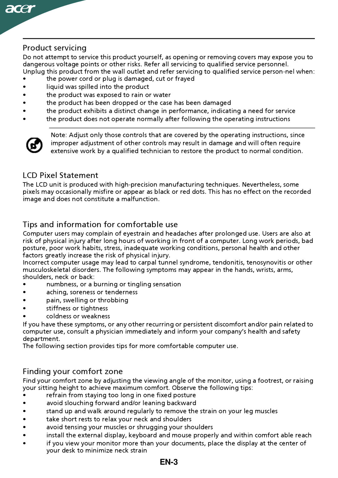 Acer G205HV Product servicing, LCD Pixel Statement, Tips and information for comfortable use, Finding your comfort zone 