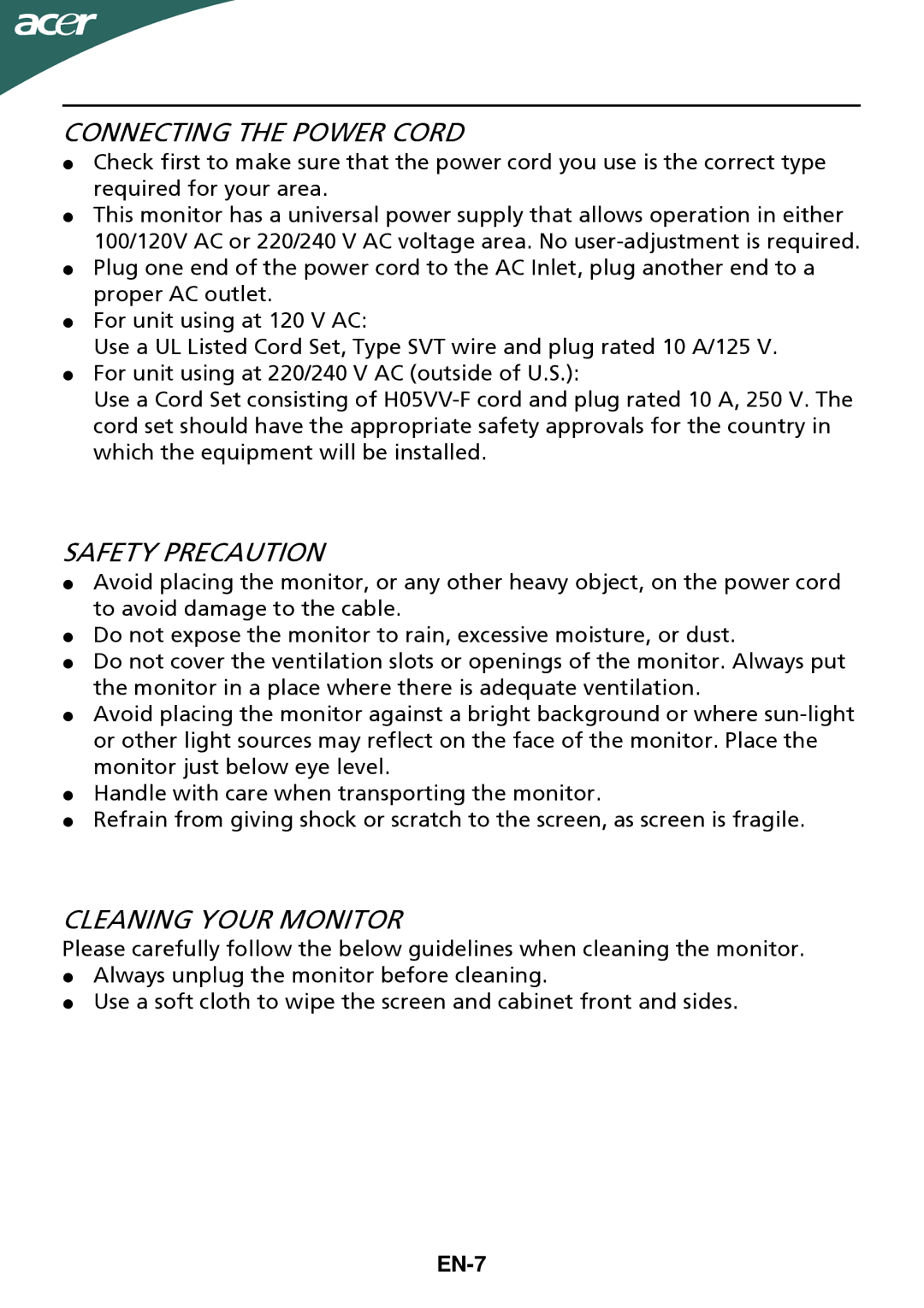 Acer G205HV manual Connecting the Power Cord, Safety Precaution, Cleaning Your Monitor, EN-7 