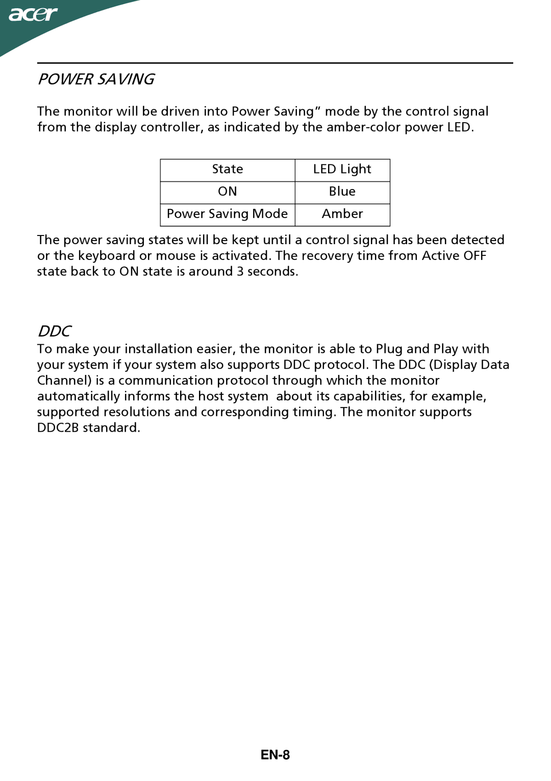 Acer G205HV manual Power Saving, Ddc, EN-8 