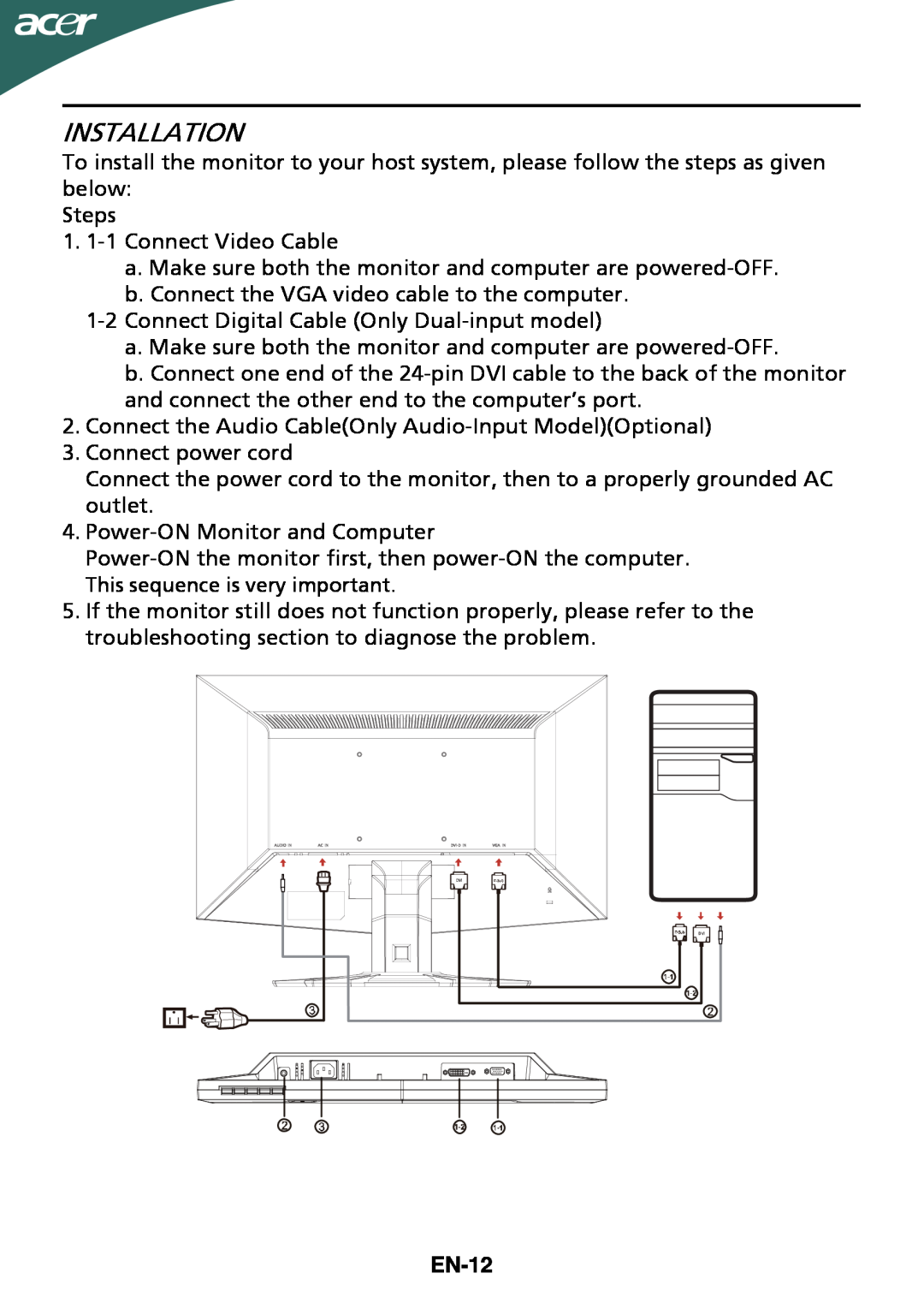 Acer G205HV manual Installation, EN-12 