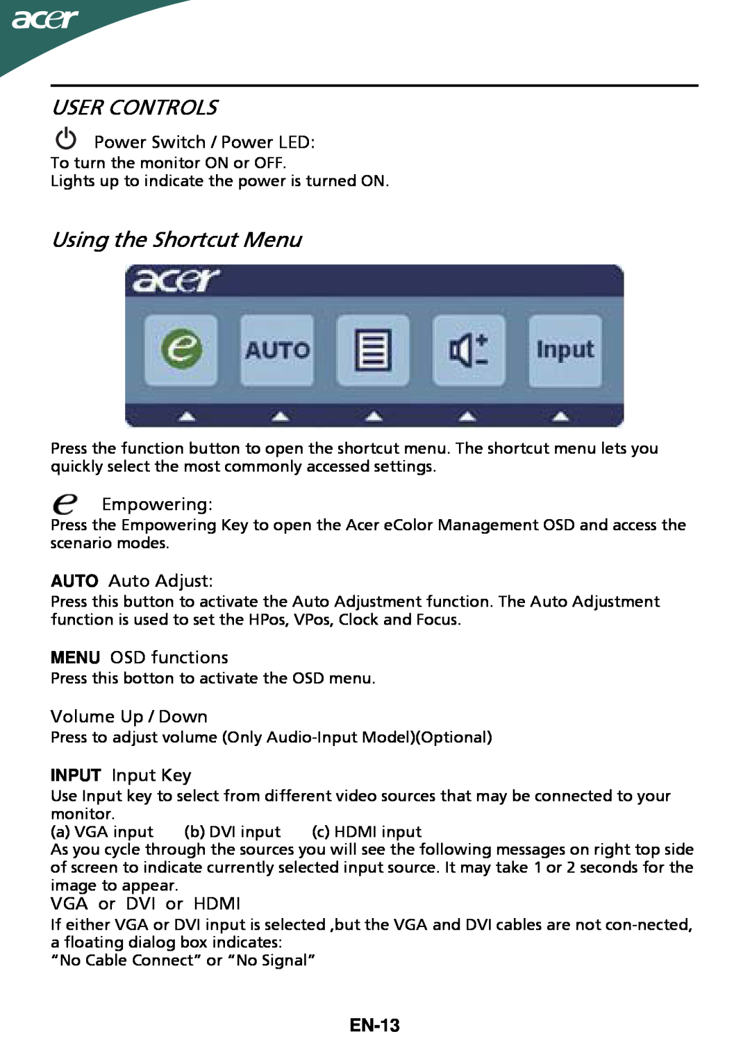 Acer G205HV manual User Controls, Using the Shortcut Menu, EN-13 