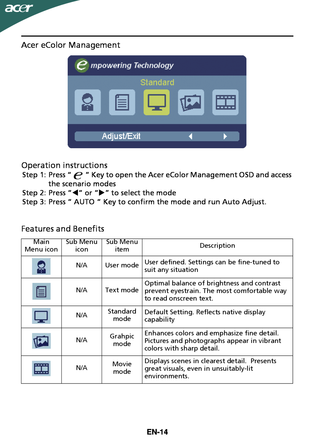 Acer G205HV manual Acer eColor Management Operation instructions, Features and Benefits, EN-14 
