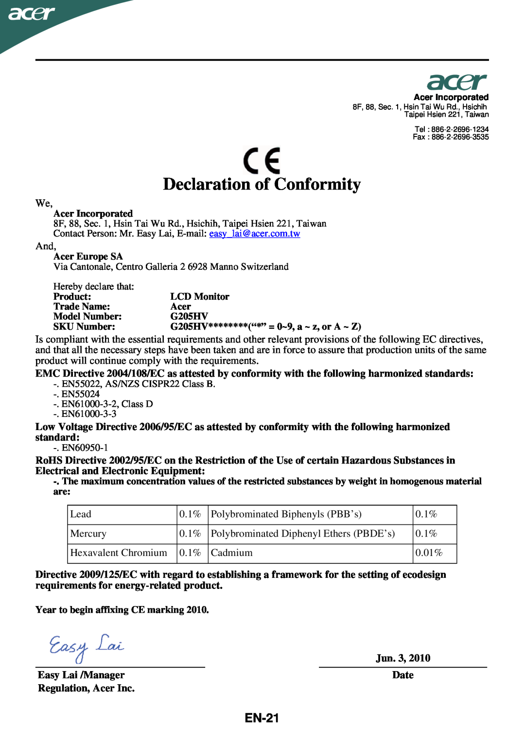 Acer G205HV manual Declaration of Conformity, EN-21 