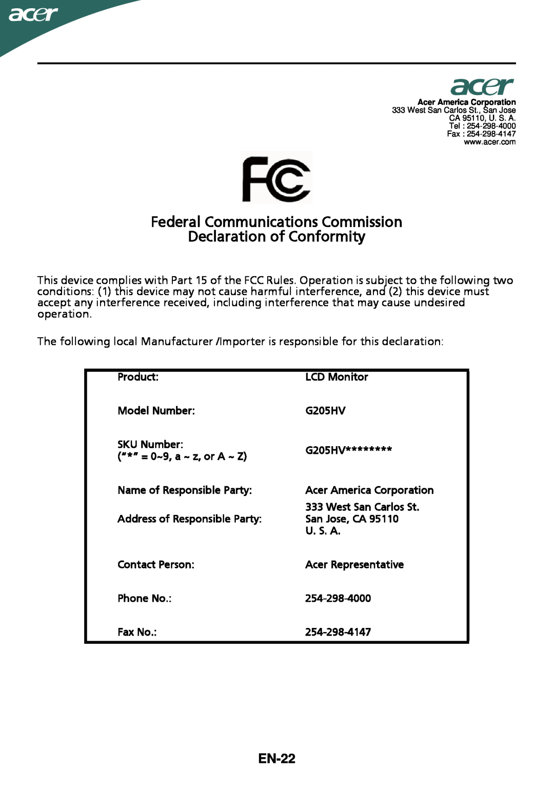 Acer G205HV manual Federal Communications Commission Declaration of Conformity, EN-22 