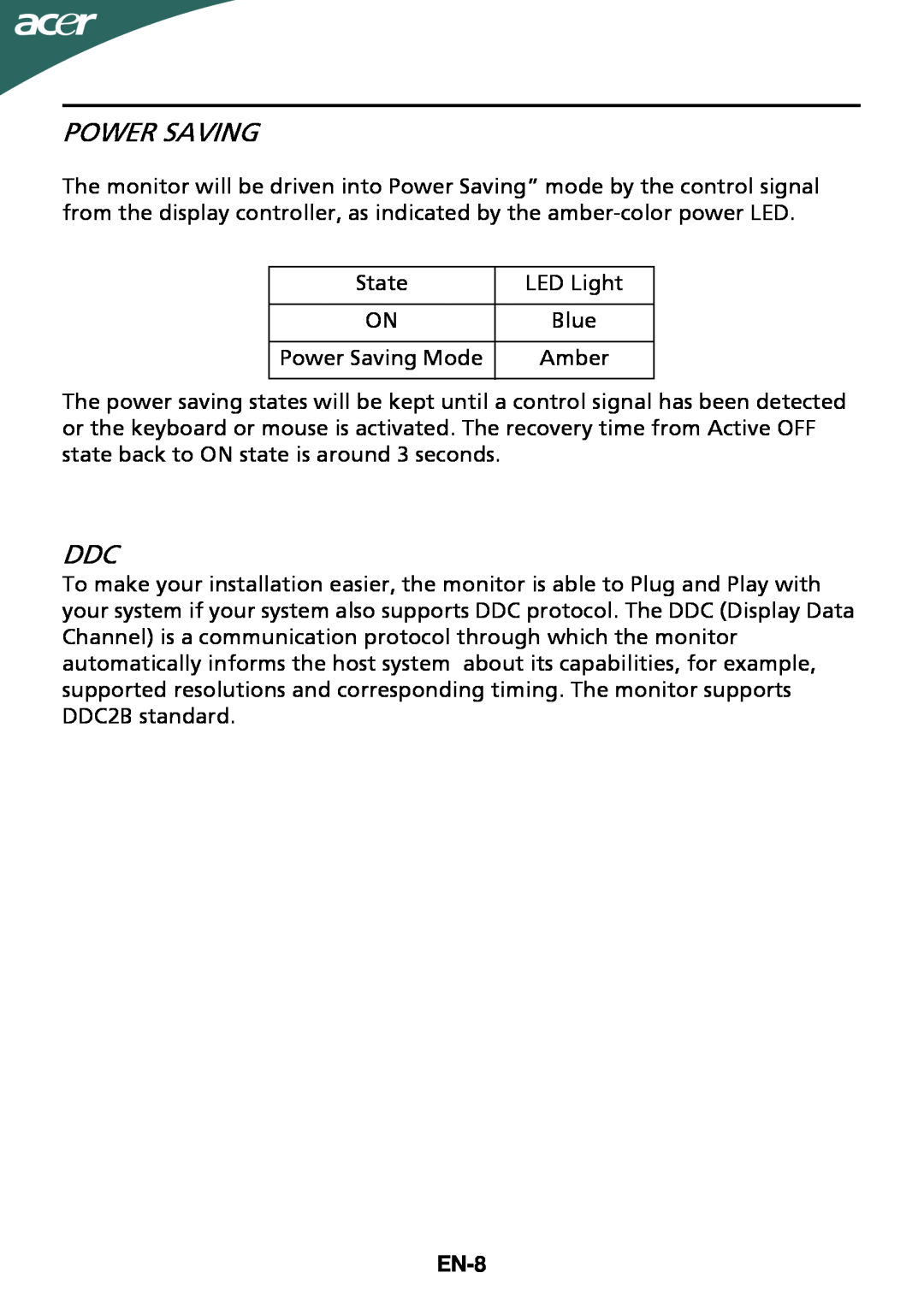 Acer G205HV manual Power Saving, EN-8 