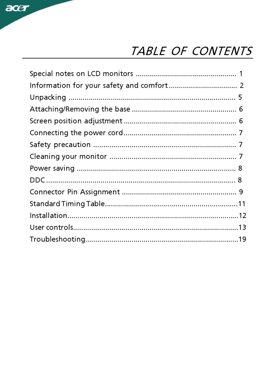 Acer G235H manual Table of Contents 