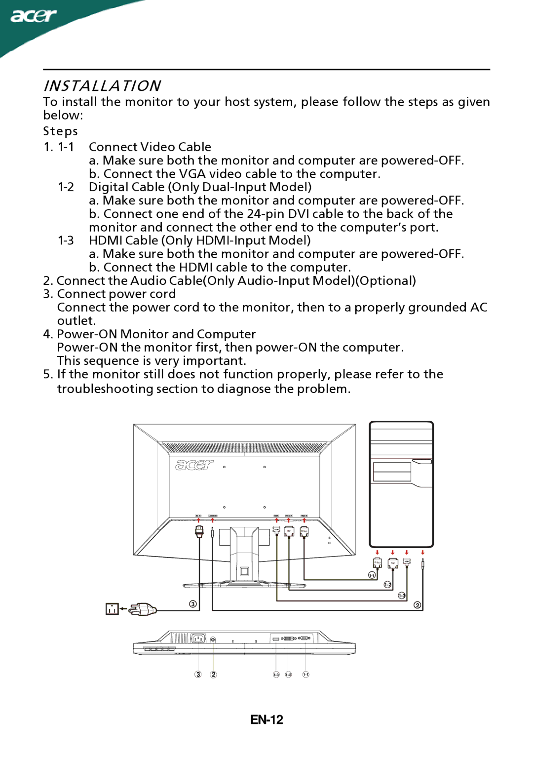 Acer G235H manual Installation, EN-12 