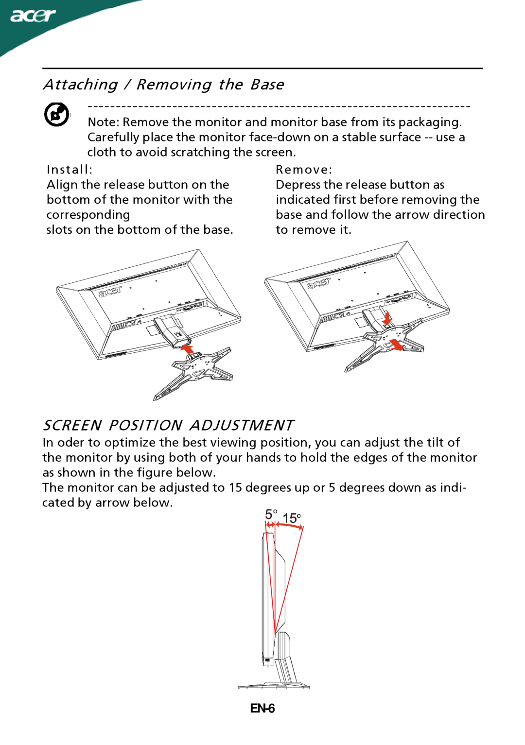 Acer G235H manual Attaching / Removing the Base, Screen Position Adjustment, EN-6 