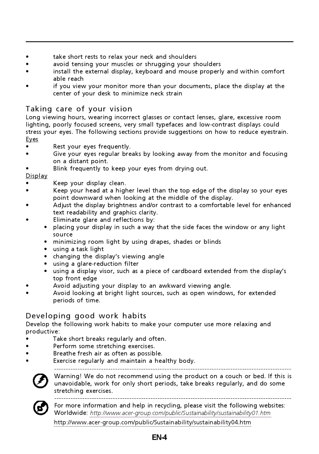 Acer UM.VG6AA.B02, G236HL, G226HQLBbd, UM.WG6AA.B01 manual Taking care of your vision, Developing good work habits, EN-4 