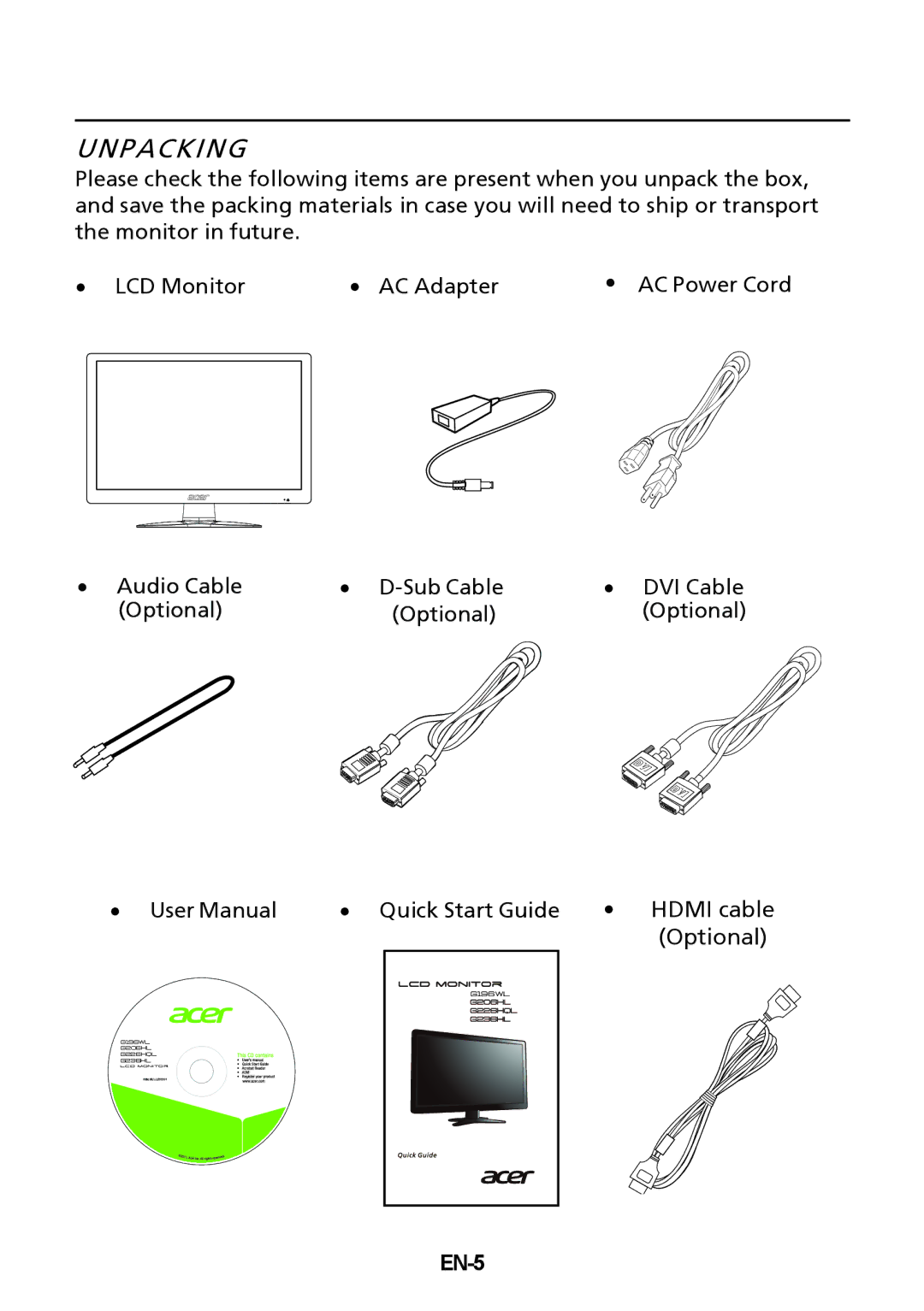 Acer G226HQLBbd, G236HL, UM.VG6AA.B02, UM.WG6AA.B01 manual Unpacking, EN-5 