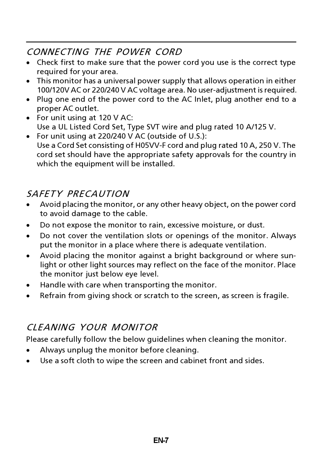 Acer G236HL, UM.VG6AA.B02, G226HQLBbd manual Connecting the Power Cord, Safety Precaution, Cleaning Your Monitor, EN-7 