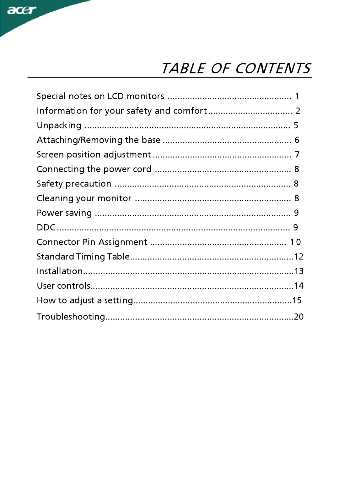 Acer G24 manual Table of Contents 