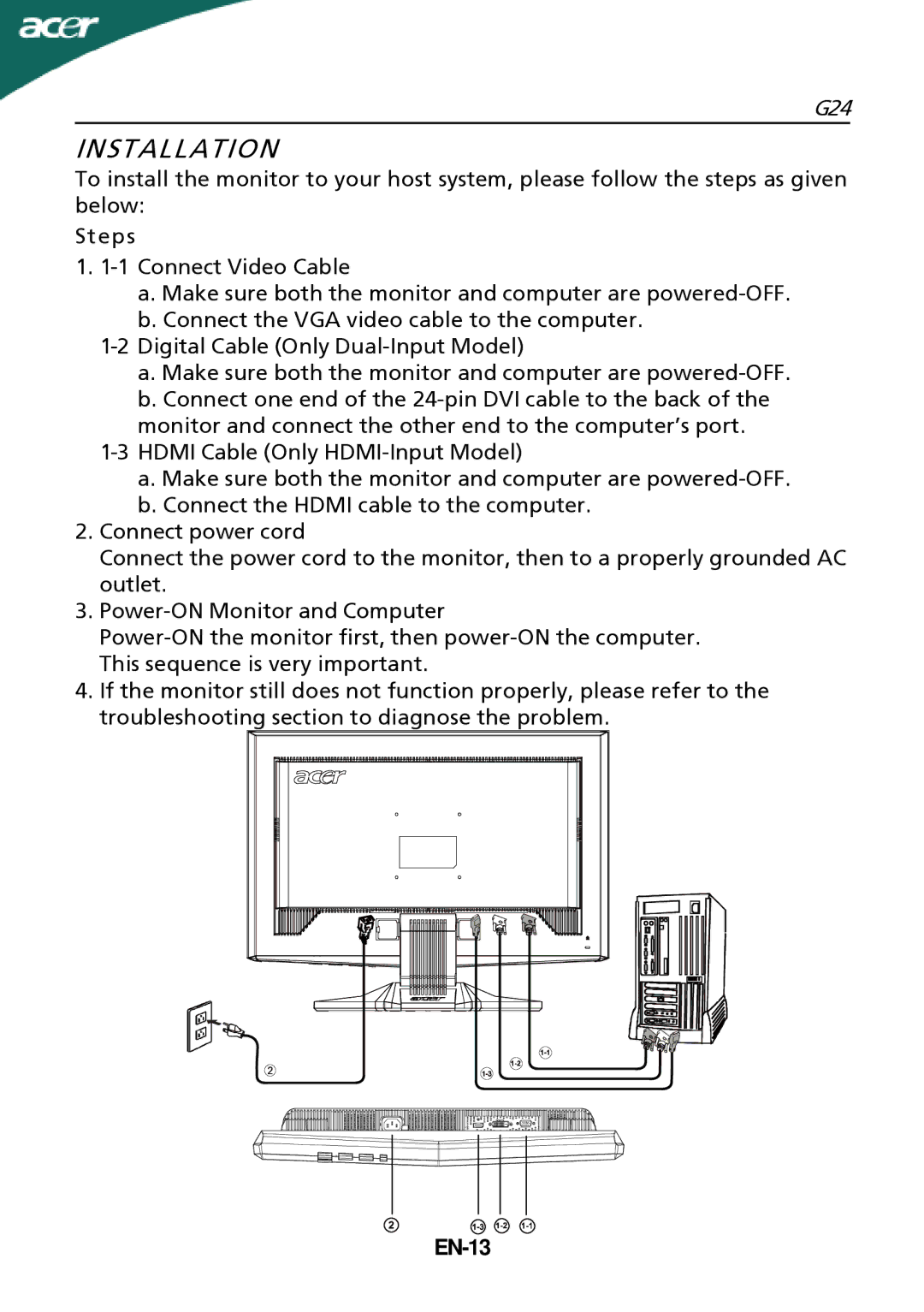 Acer G24 manual Installation, EN-13 