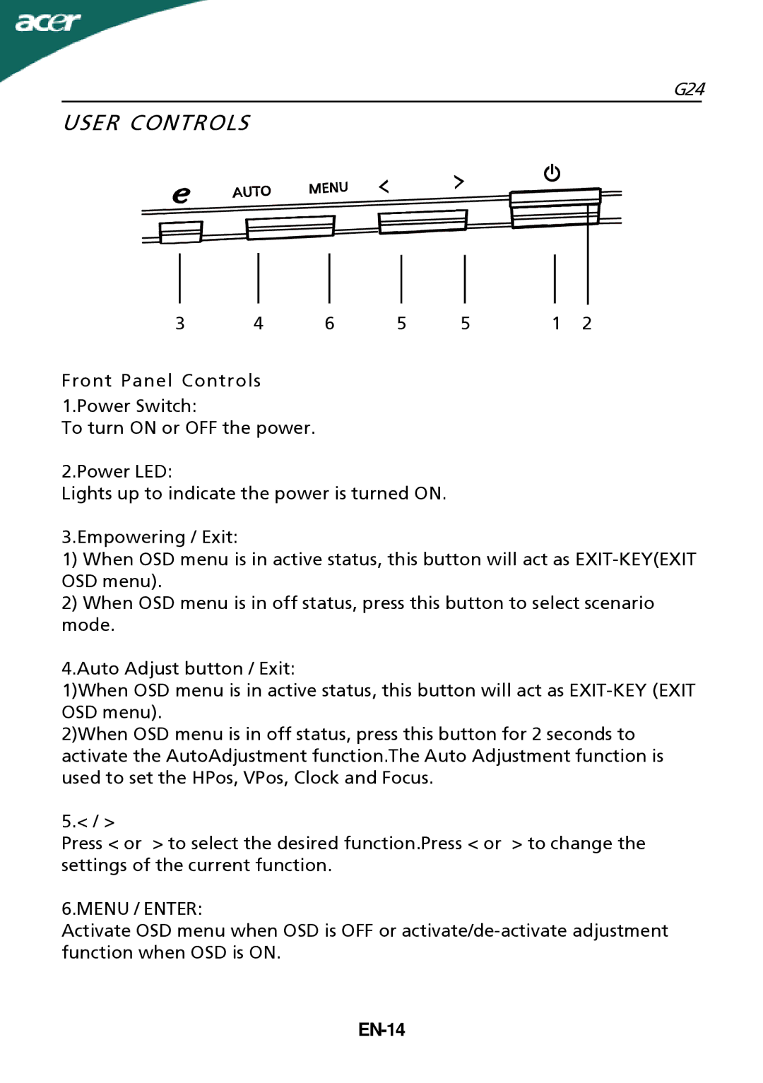 Acer G24 manual User Controls, Menu / Enter, EN-14 