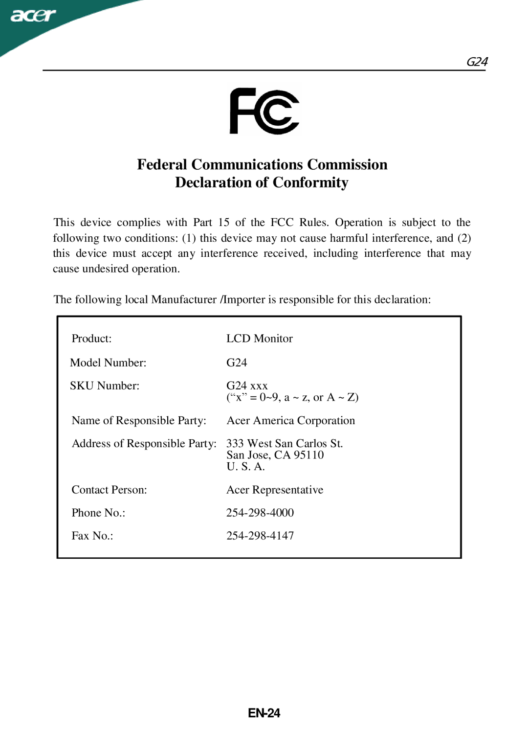 Acer G24 manual Federal Communications Commission Declaration of Conformity, EN-24 