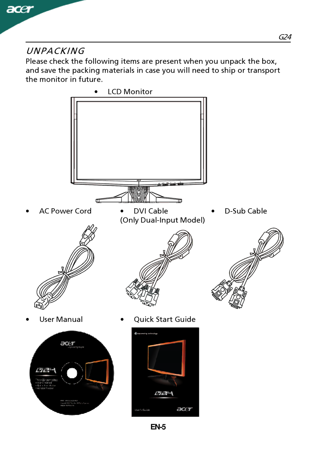 Acer G24 manual Unpacking, EN-5 