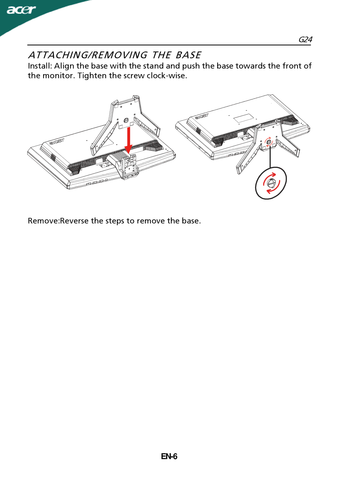 Acer G24 manual ATTACHING/REMOVING the Base, EN-6 