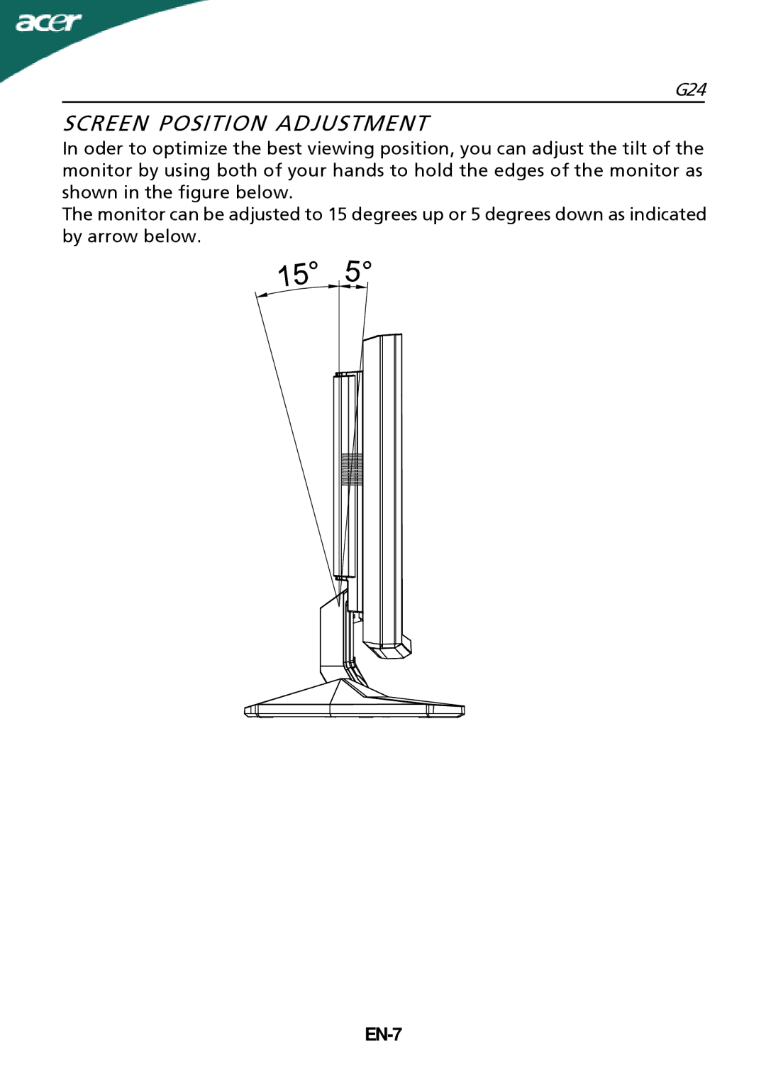 Acer G24 manual Screen Position Adjustment, EN-7 