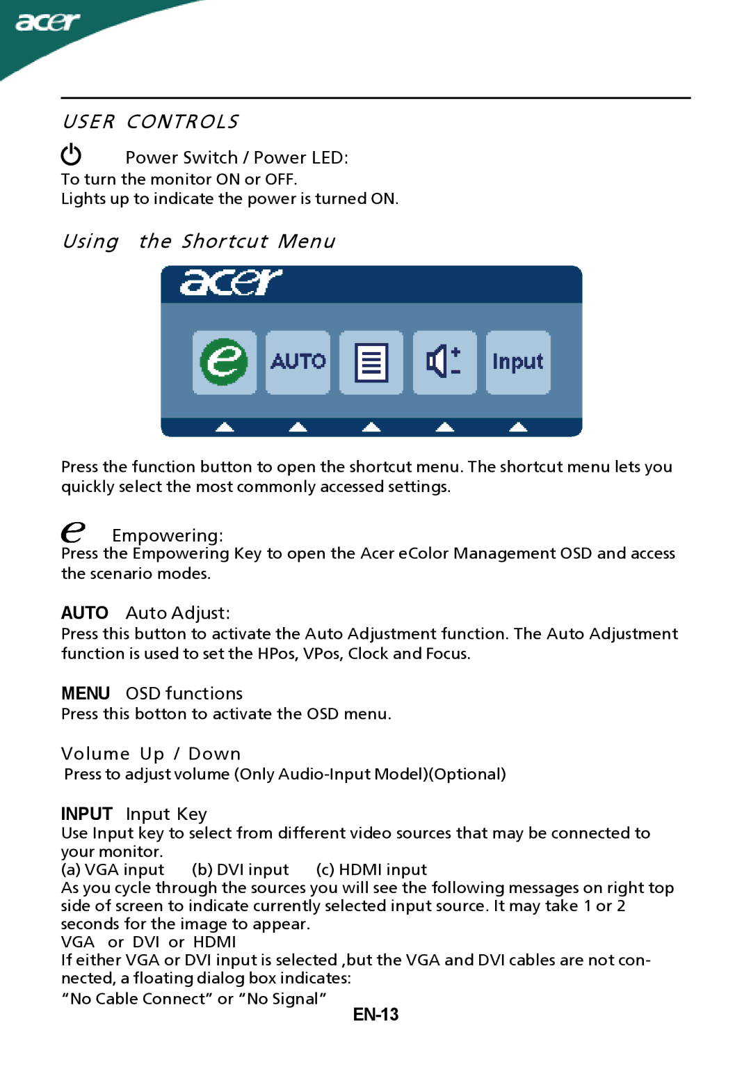 Acer G245HQ manual EN-13 