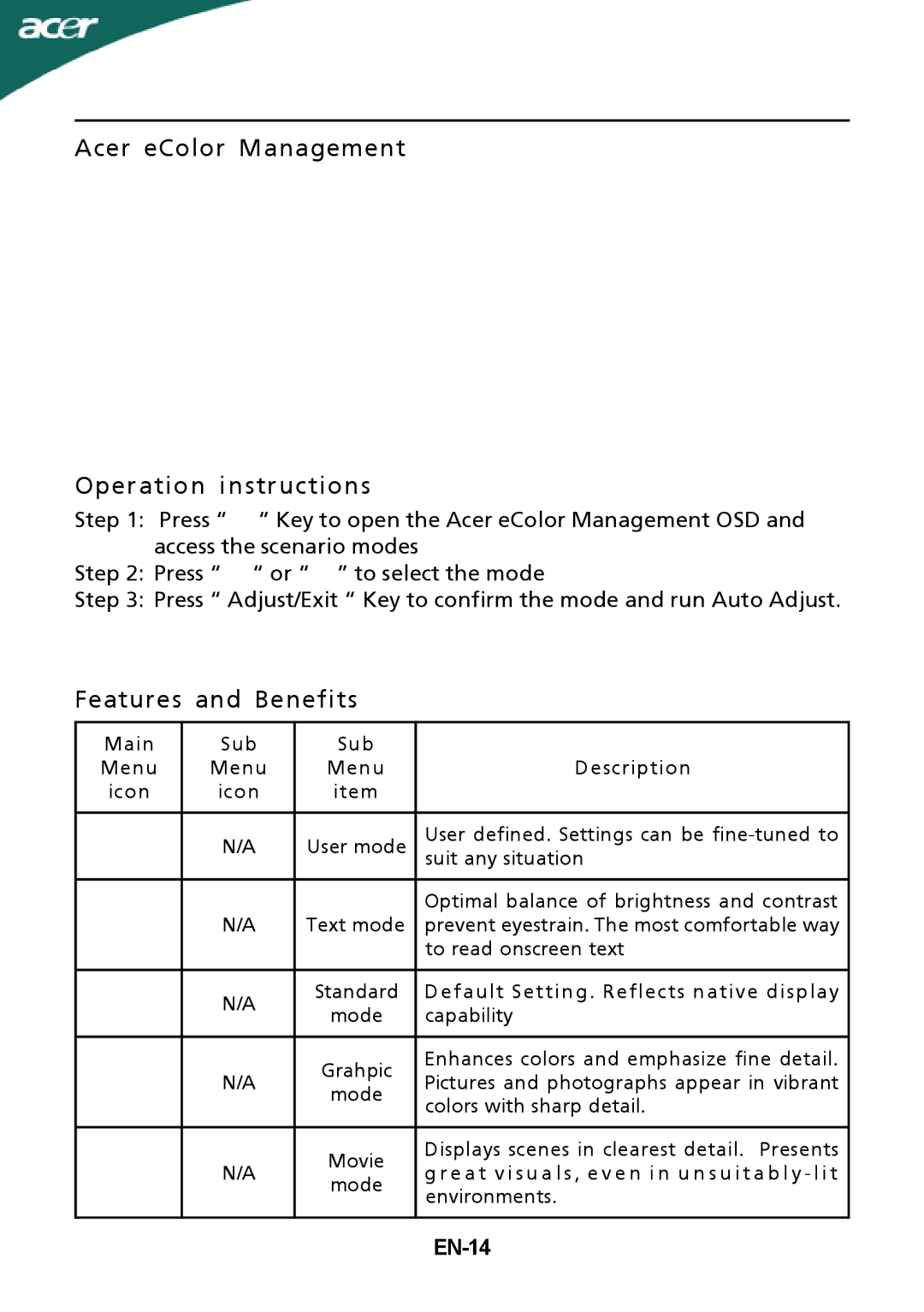 Acer G245HQ manual Acer eColor Management Operation instructions, EN-14 