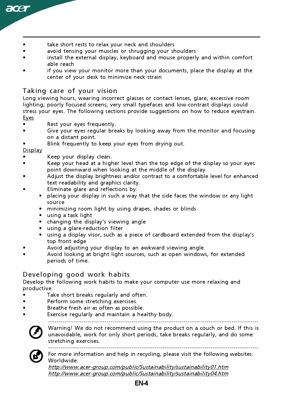 Acer G245HQ manual Taking care of your vision, Developing good work habits, EN-4 