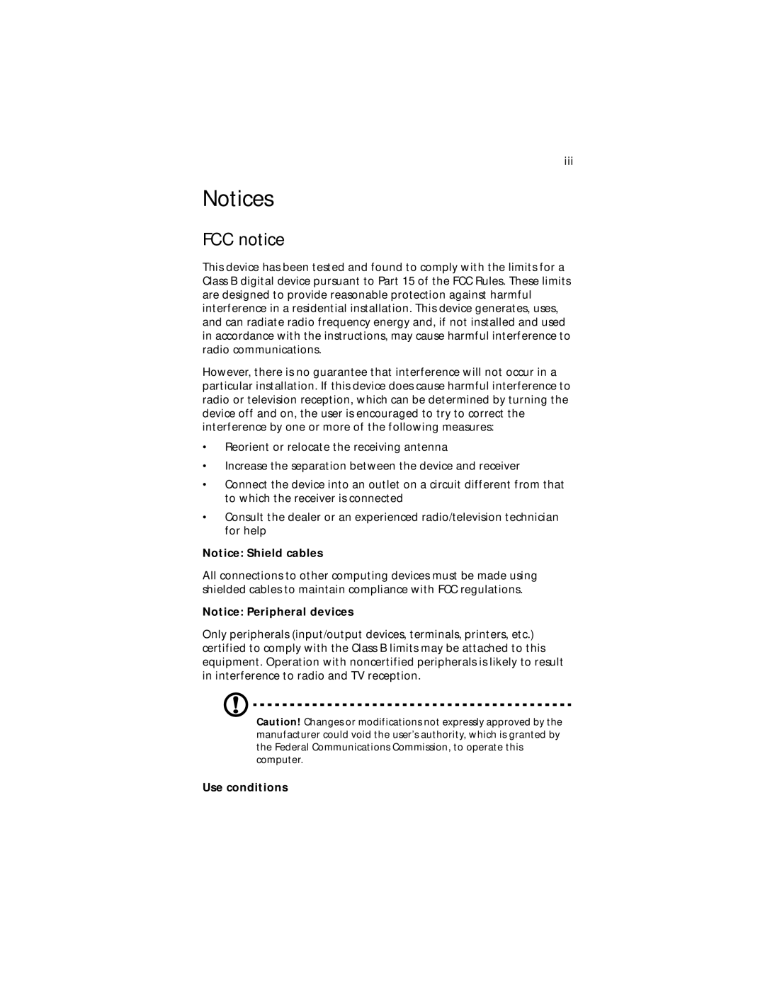 Acer G300 Series manual FCC notice, Use conditions 