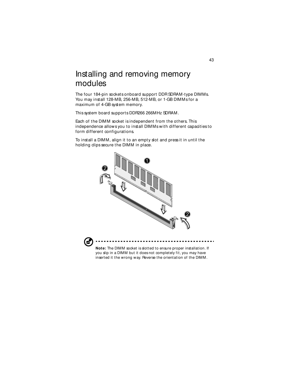 Acer G300 Series manual Installing and removing memory modules 