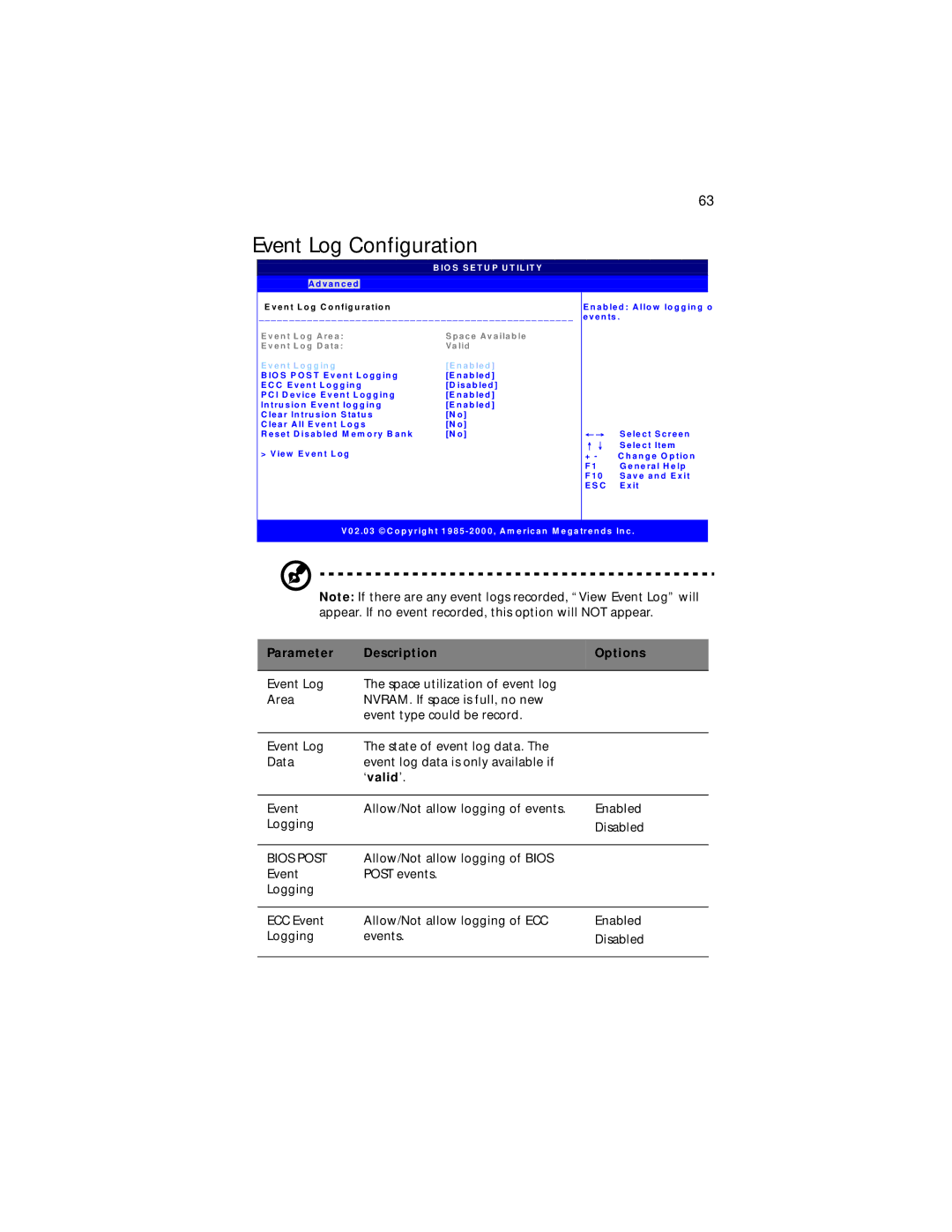 Acer G300 Series manual Event Log Configuration, E n t L o g g in g A b le d 