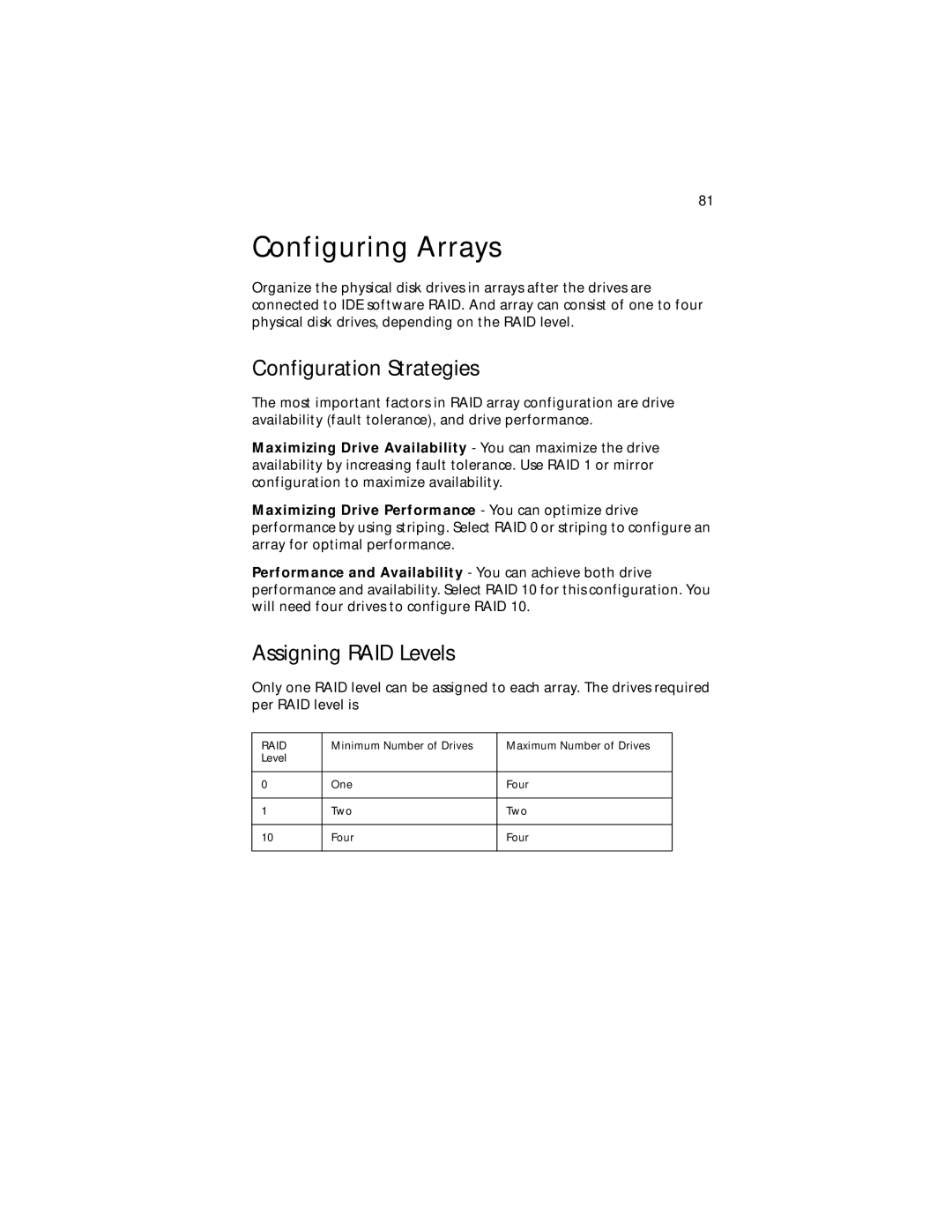 Acer G300 Series manual Configuring Arrays, Configuration Strategies, Assigning RAID Levels 