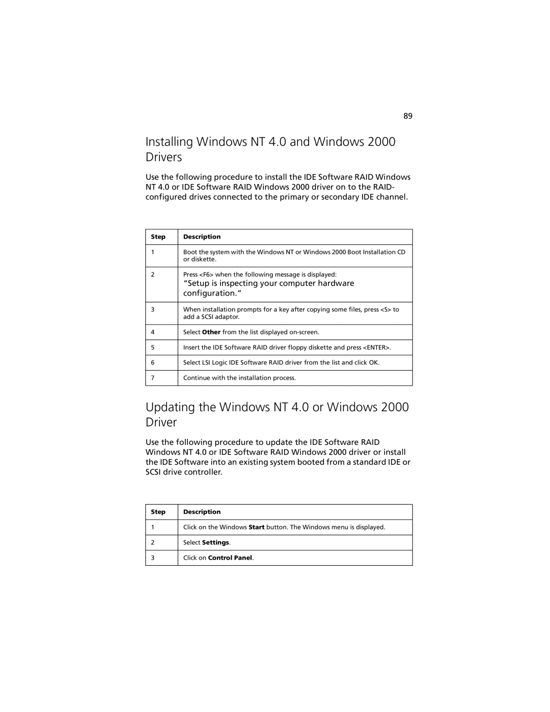 Acer G301 manual Installing Windows NT 4.0 and Windows 2000 Drivers, Updating the Windows NT 4.0 or Windows 2000 Driver 